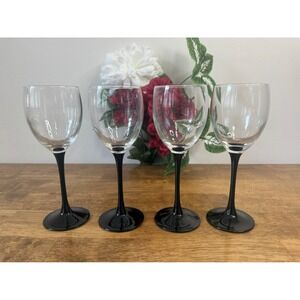 Vintage Luminarc France Black Stem Wine Glasses Clear Bowl Glossy Black Base‎